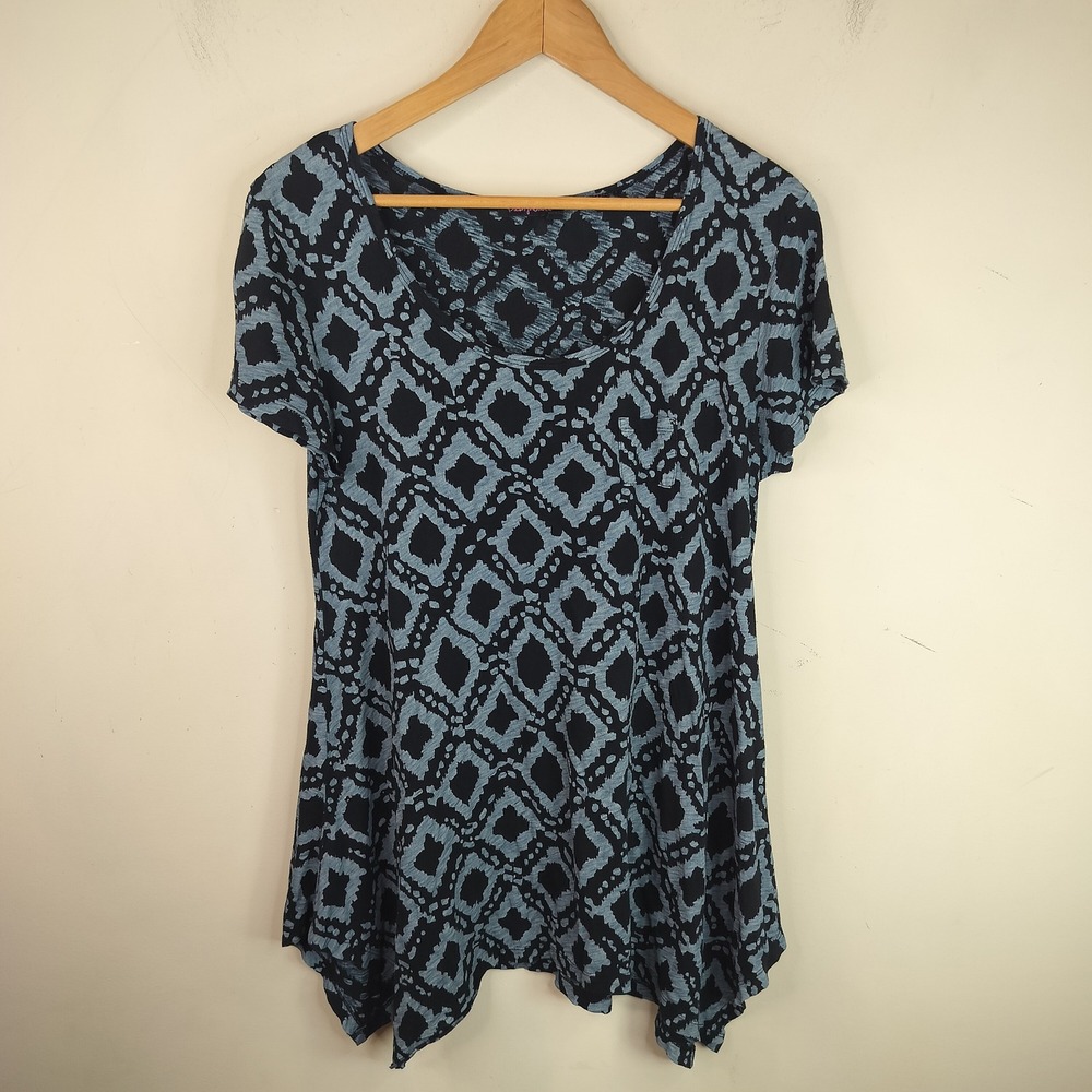 Fresh Produce Tunic Top‎ Womens Large Ikat Diamond Blue Black Cotton Asymmetric